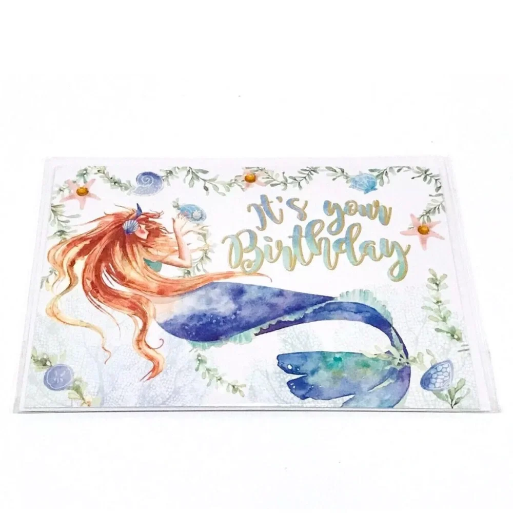 Punch Studio Single(1) 3D Embellished Birthday Mermaid Card Env+Seal 5x7 (62660)